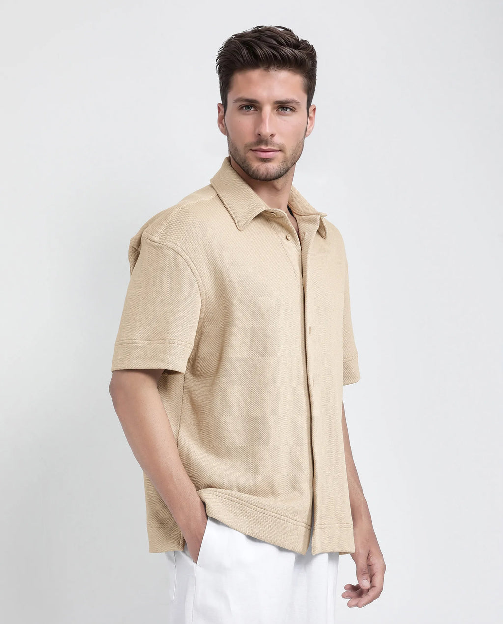 Rare Rabbit Men's Kash Beige Viscose Plain Boxy Fit Half Sleeve Collared Shirt