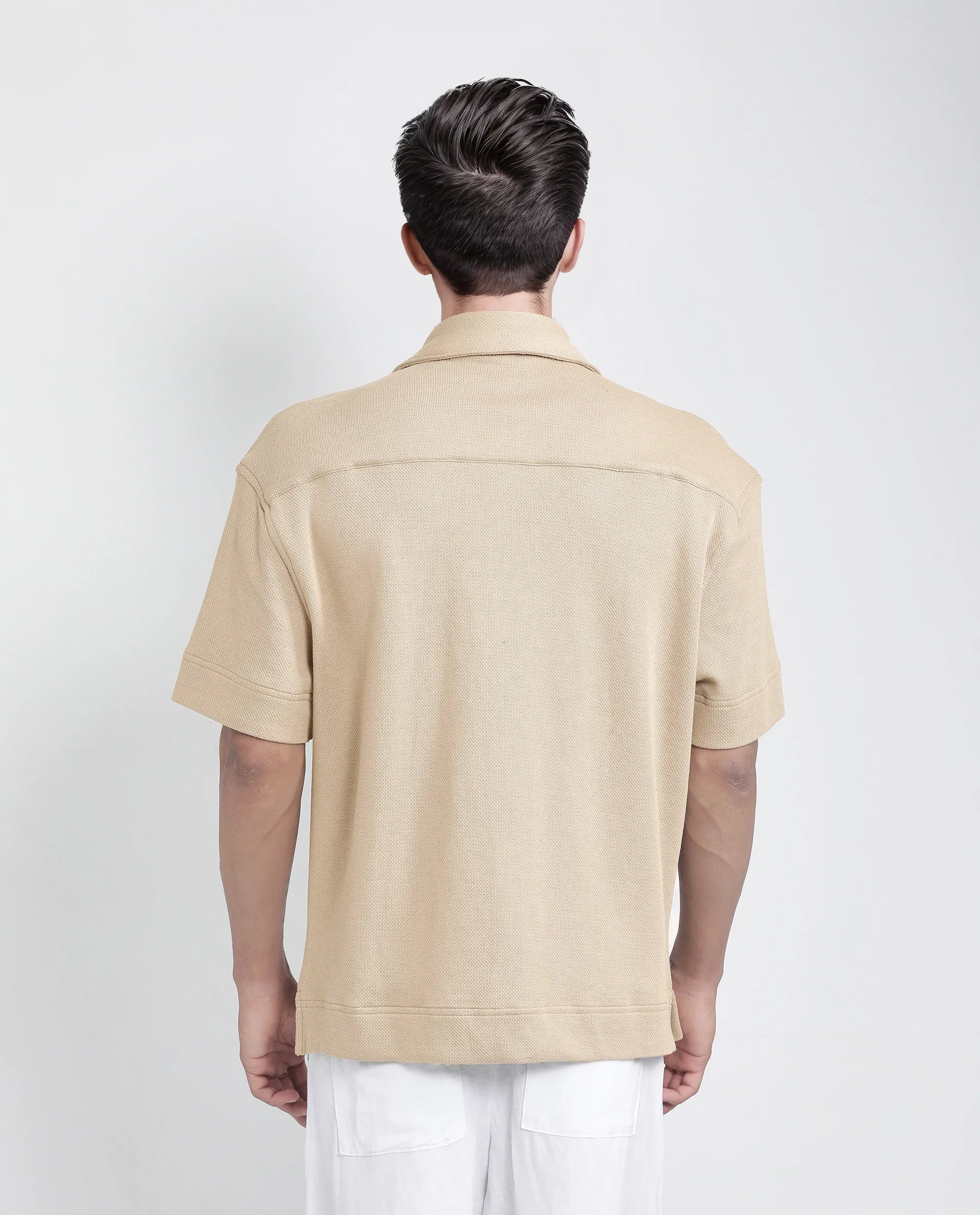 Rare Rabbit Men's Kash Beige Viscose Plain Boxy Fit Half Sleeve Collared Shirt