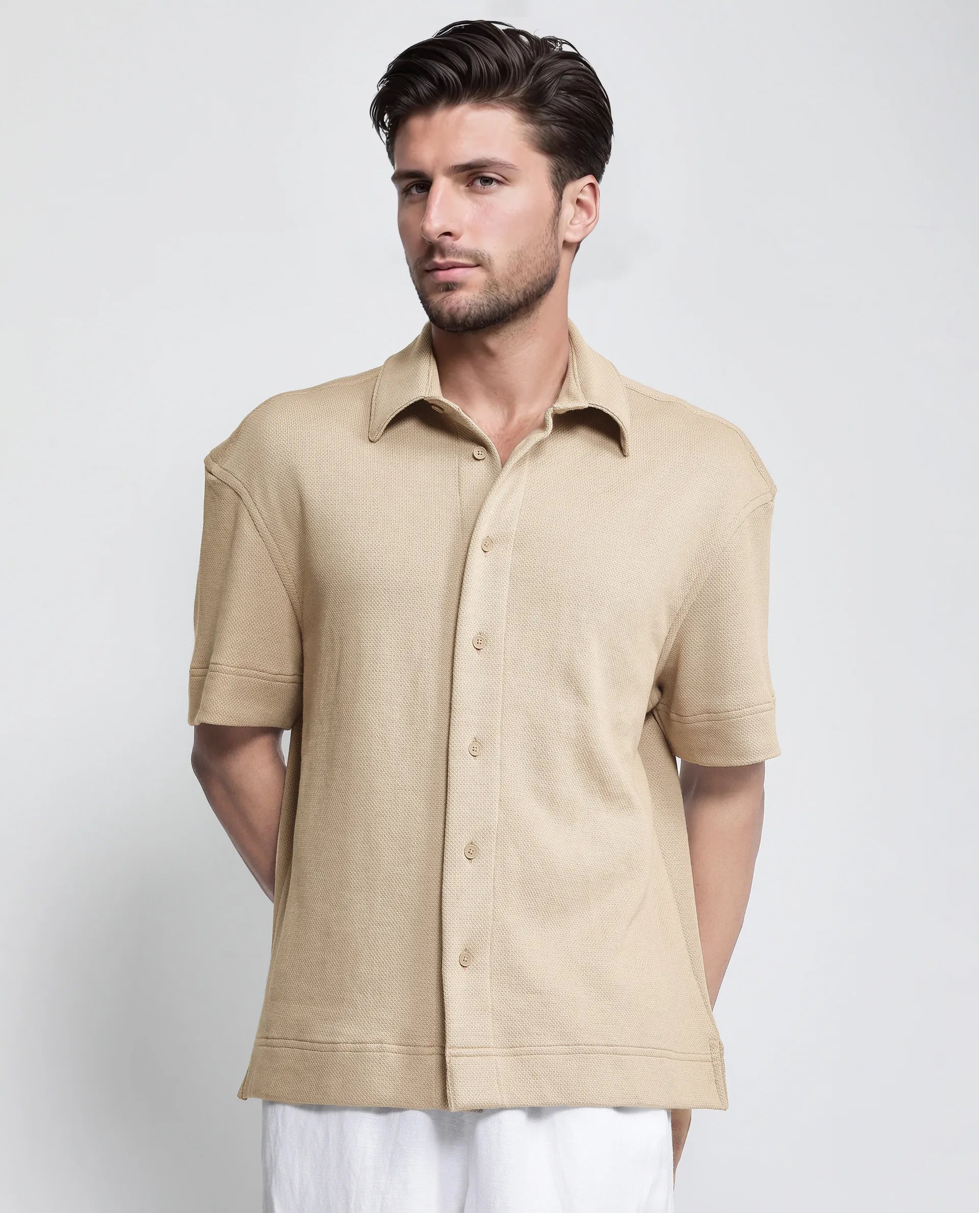 Rare Rabbit Men's Kash Beige Viscose Plain Boxy Fit Half Sleeve Collared Shirt