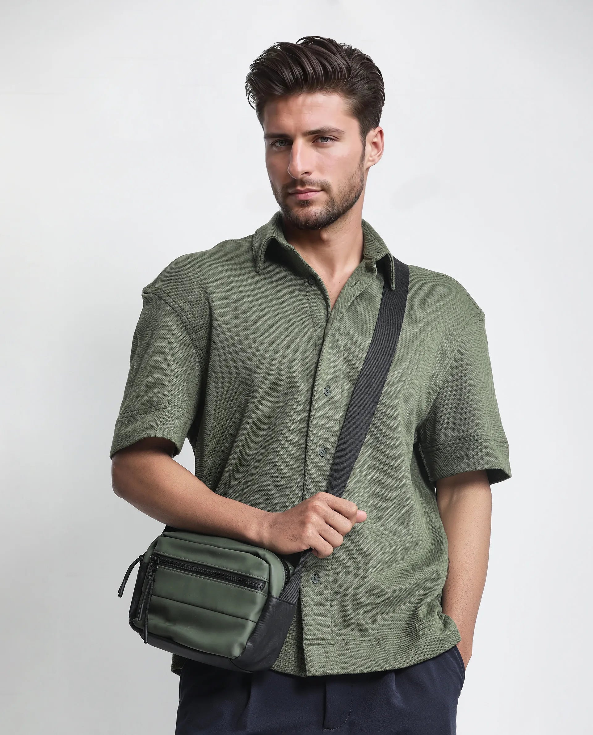 Rare Rabbit Men's Kash Dark Green Viscose Plain Boxy Fit Half Sleeve Collared Shirt