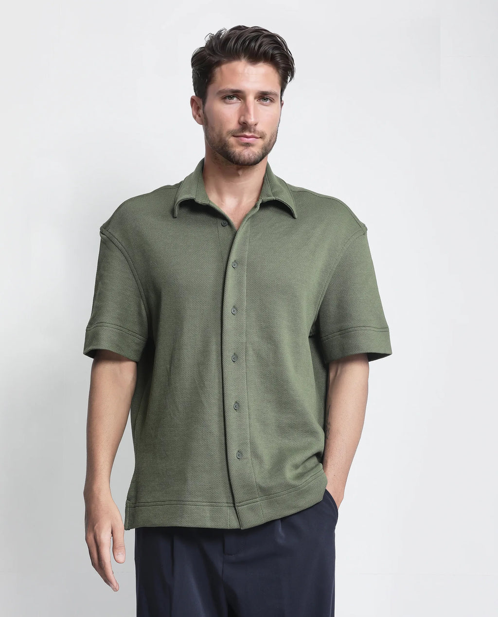 Rare Rabbit Men's Kash Dark Green Viscose Plain Boxy Fit Half Sleeve Collared Shirt