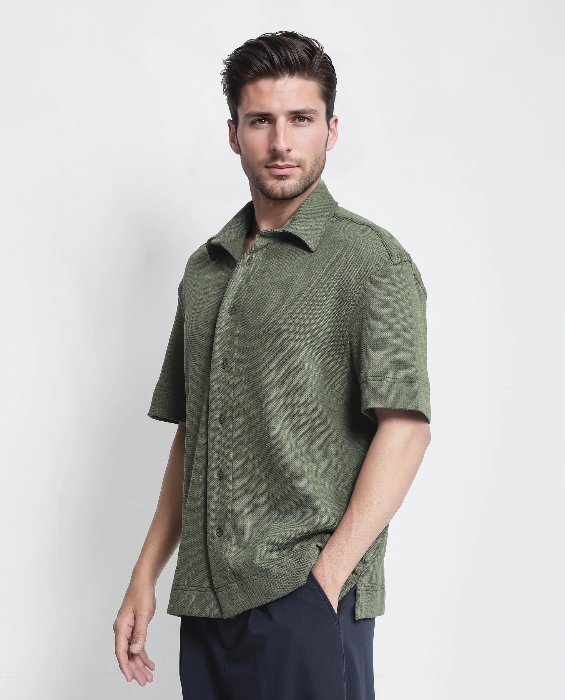 Rare Rabbit Men's Kash Dark Green Viscose Plain Boxy Fit Half Sleeve Collared Shirt
