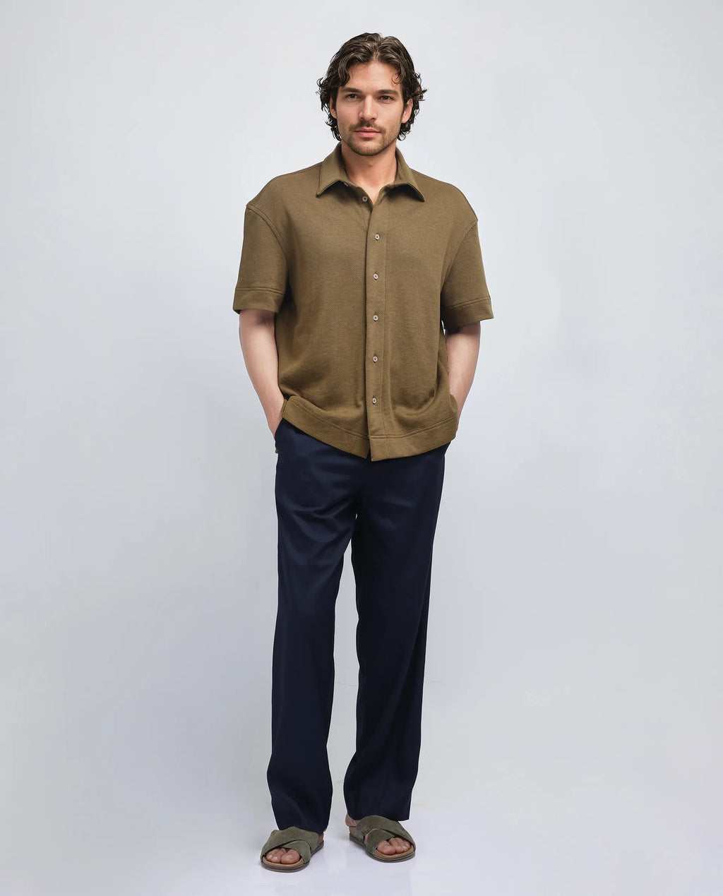 Rare Rabbit Men's Kash Olive Viscose Plain Boxy Fit Half Sleeve Collared Shirt