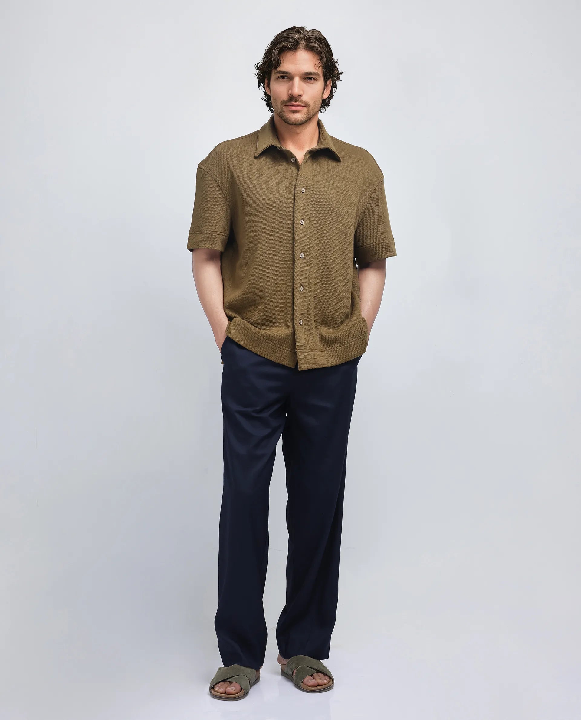 Rare Rabbit Men's Kash Olive Viscose Plain Boxy Fit Half Sleeve Collared Shirt