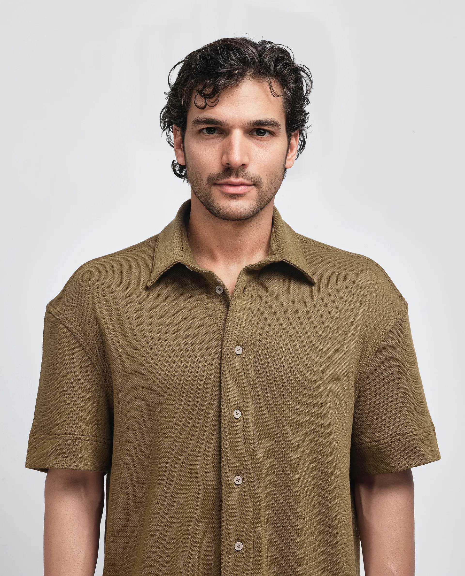 Rare Rabbit Men's Kash Olive Viscose Plain Boxy Fit Half Sleeve Collared Shirt