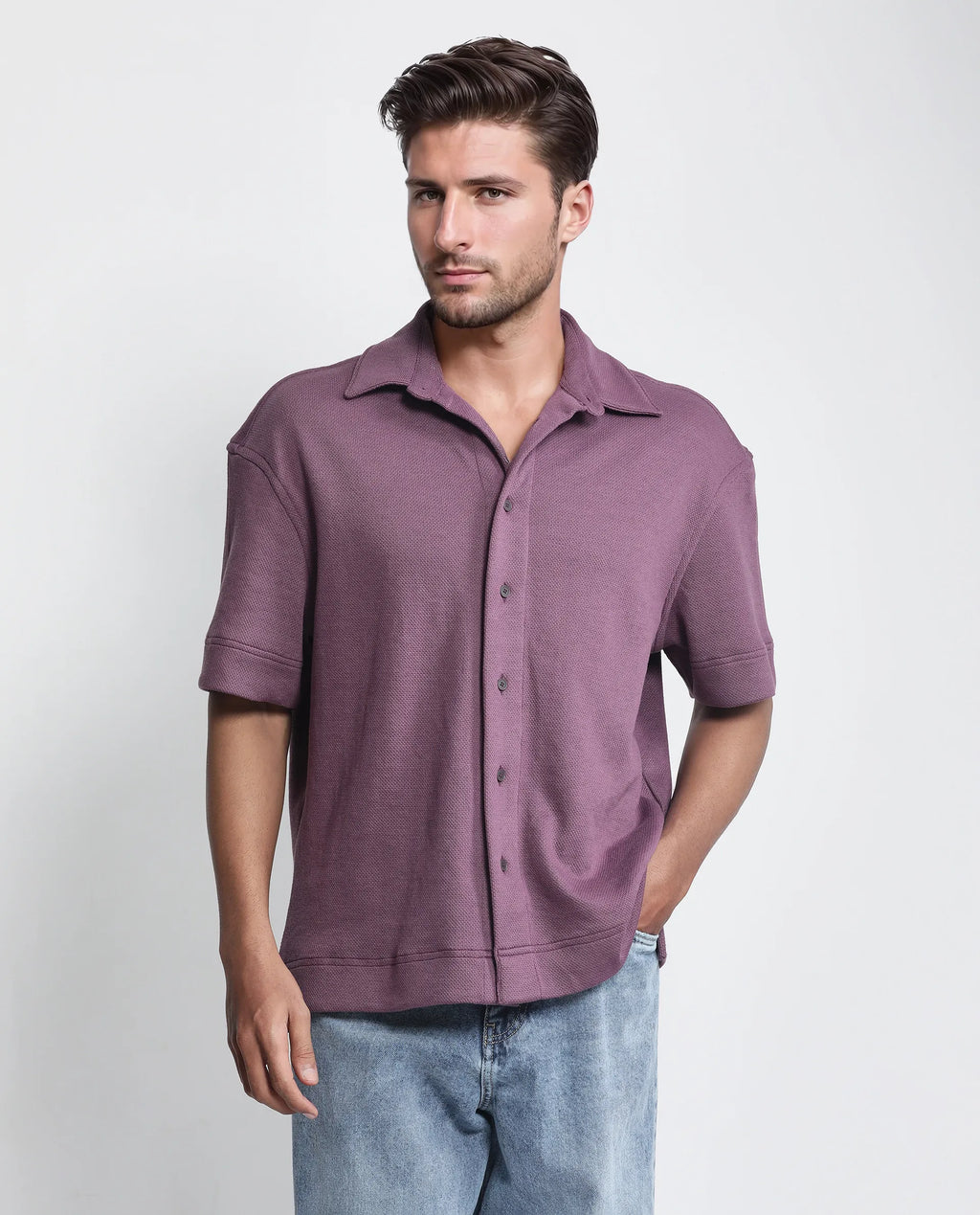 Rare Rabbit Men's Kash Purple Viscose Plain Boxy Fit Half Sleeve Collared Shirt