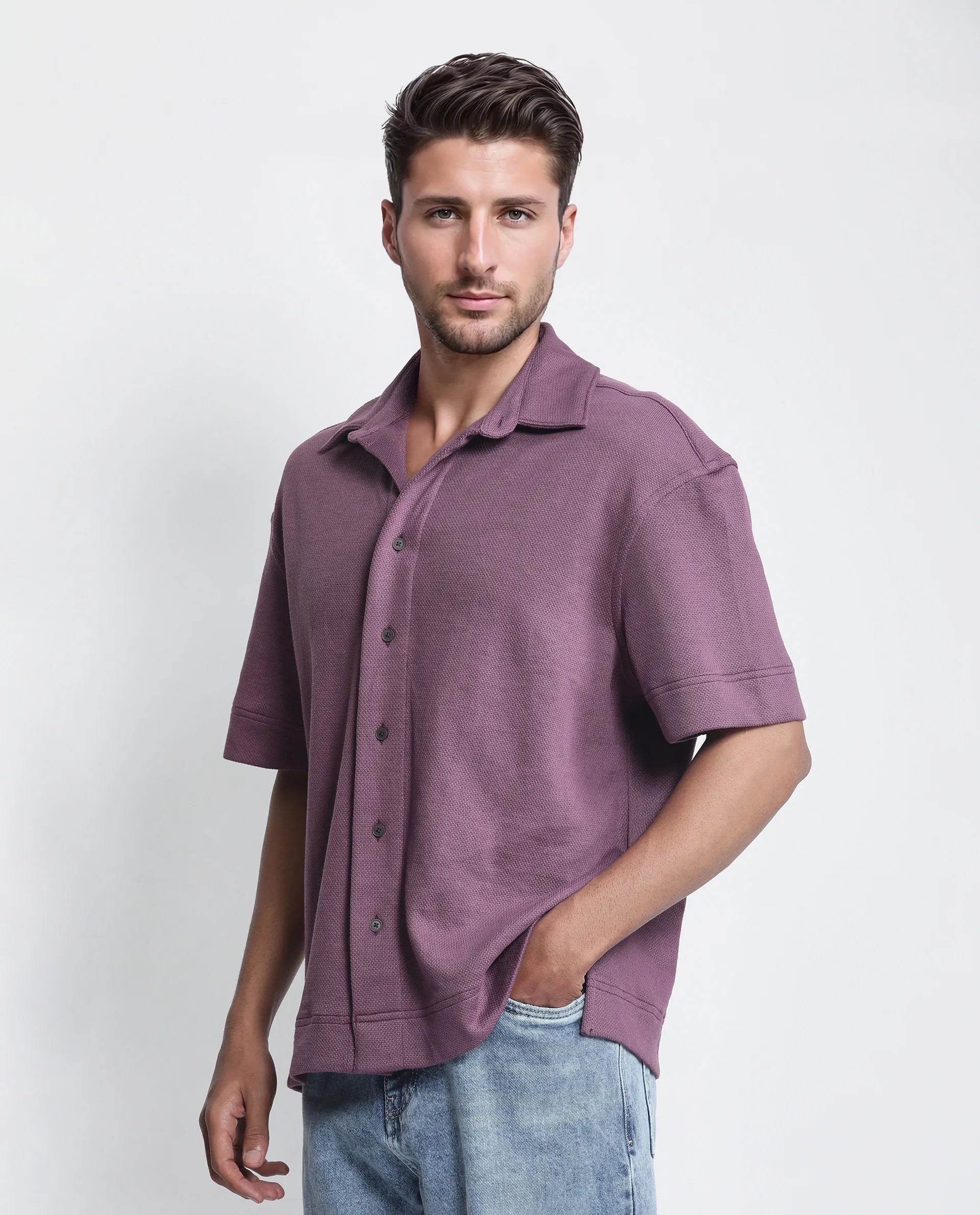 Rare Rabbit Men's Kash Purple Viscose Plain Boxy Fit Half Sleeve Collared Shirt