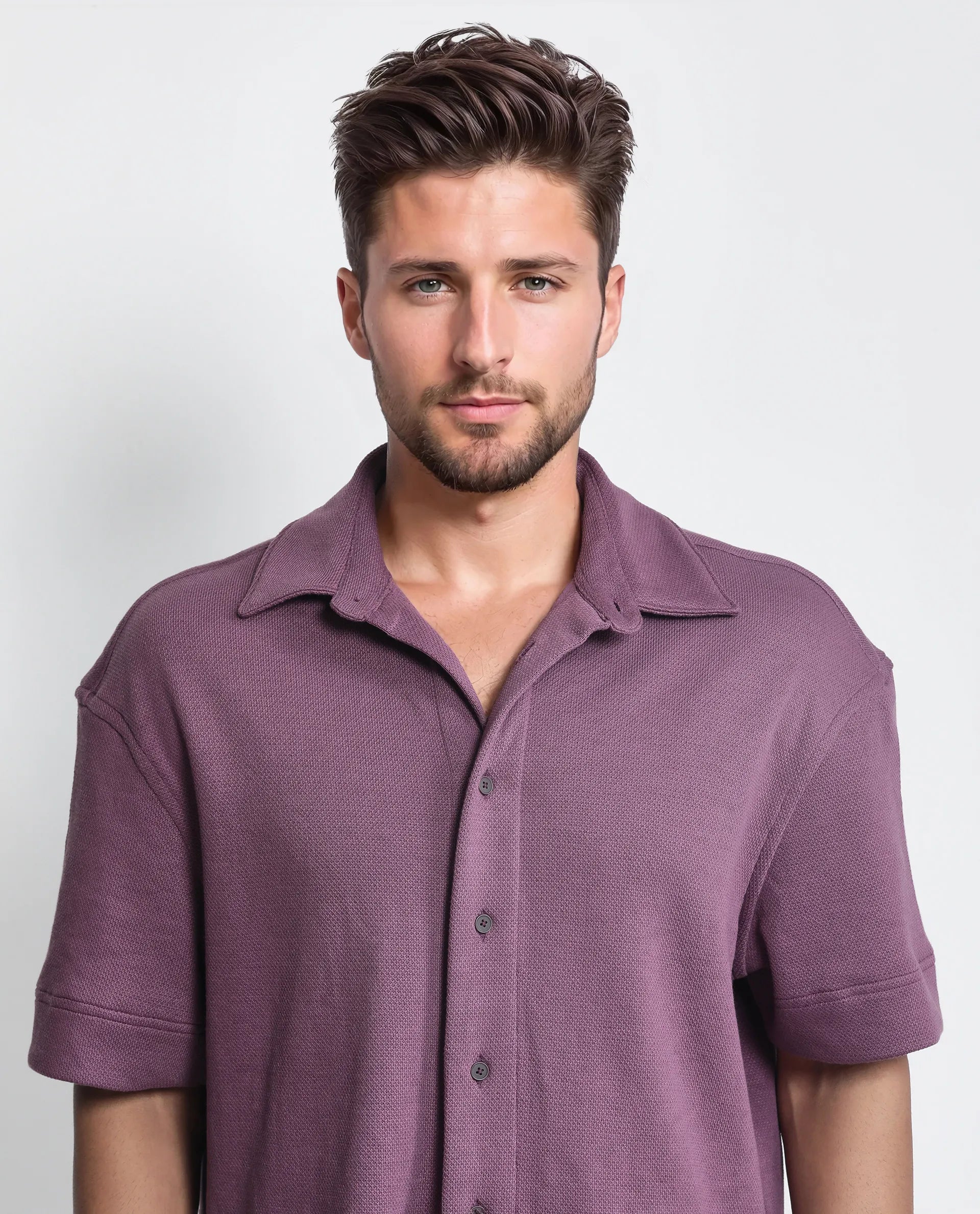 Rare Rabbit Men's Kash Purple Viscose Plain Boxy Fit Half Sleeve Collared Shirt
