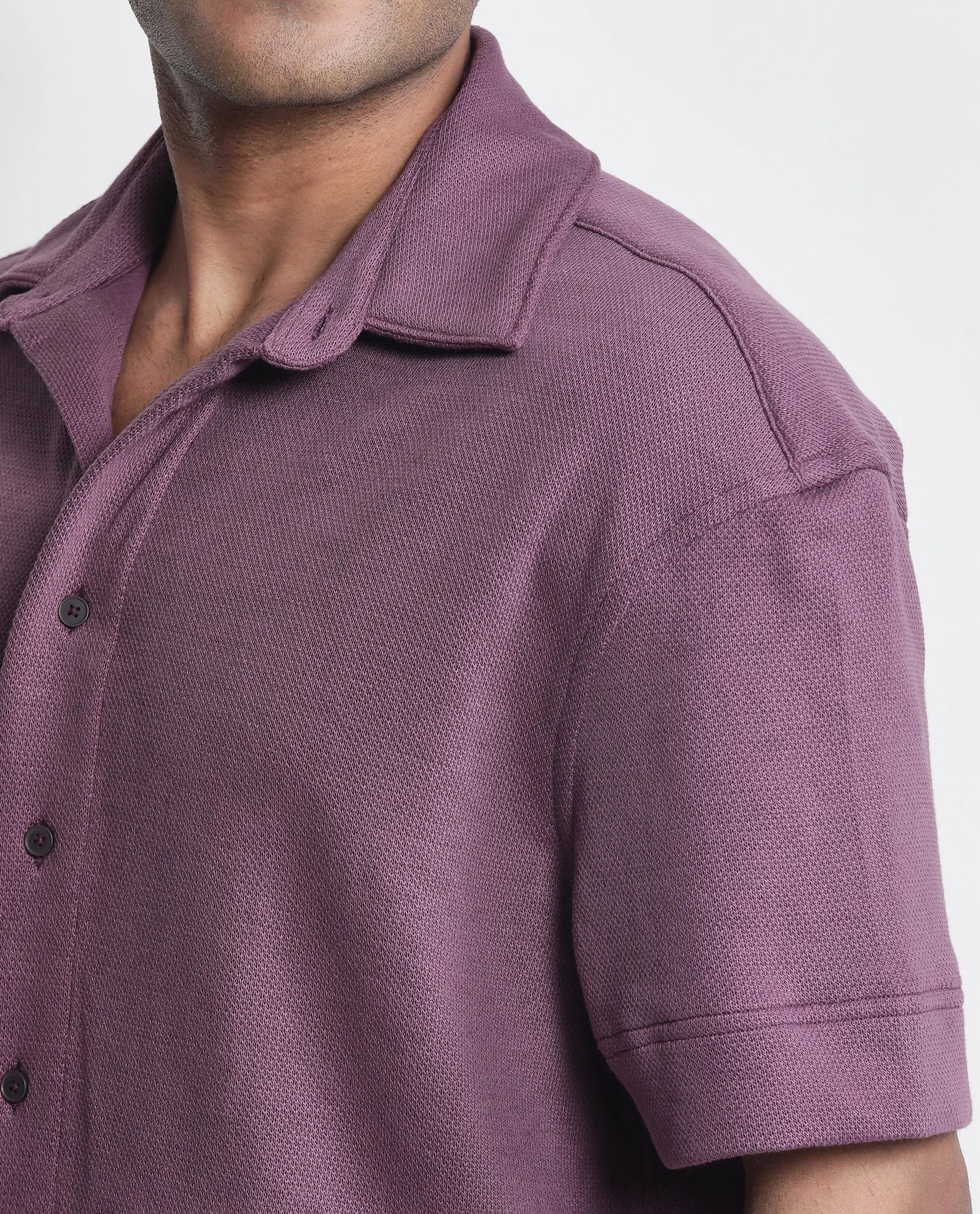 Rare Rabbit Men's Kash Purple Viscose Plain Boxy Fit Half Sleeve Collared Shirt