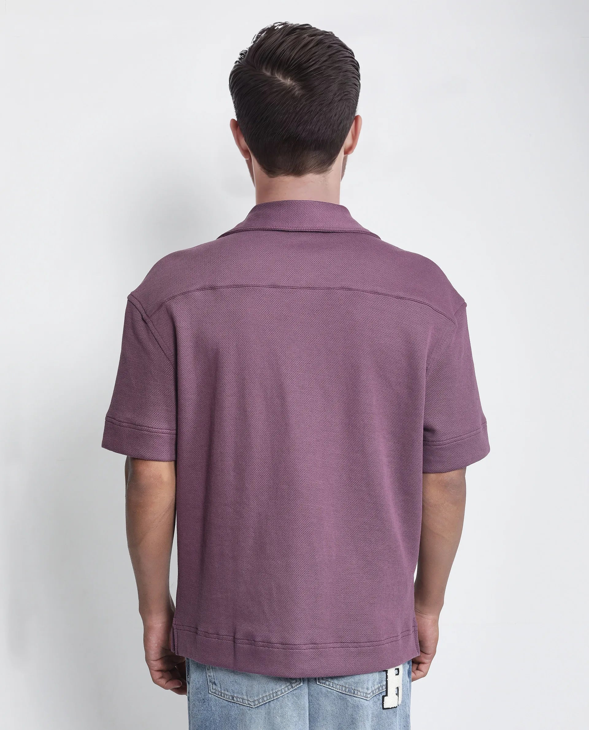 Rare Rabbit Men's Kash Purple Viscose Plain Boxy Fit Half Sleeve Collared Shirt