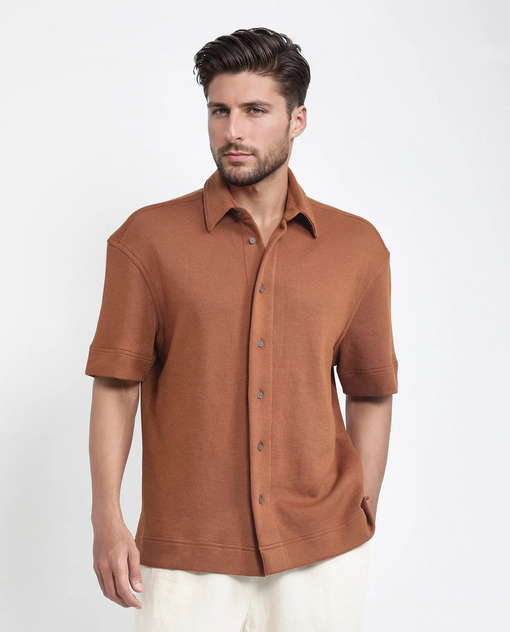 Rare Rabbit Men's Kash Rust Viscose Plain Boxy Fit Half Sleeve Collared Shirt