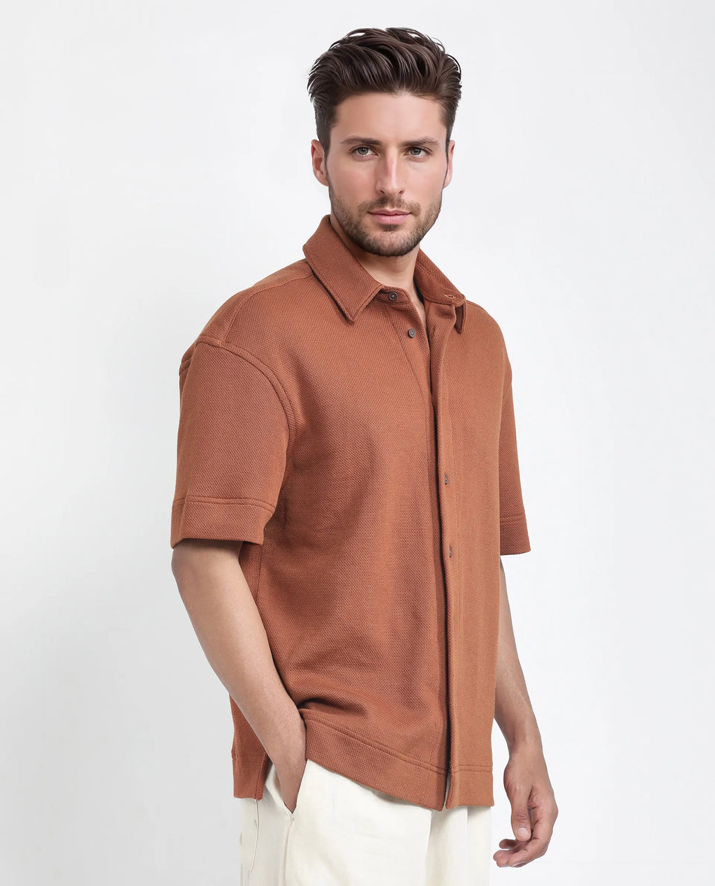 Rare Rabbit Men's Kash Rust Viscose Plain Boxy Fit Half Sleeve Collared Shirt