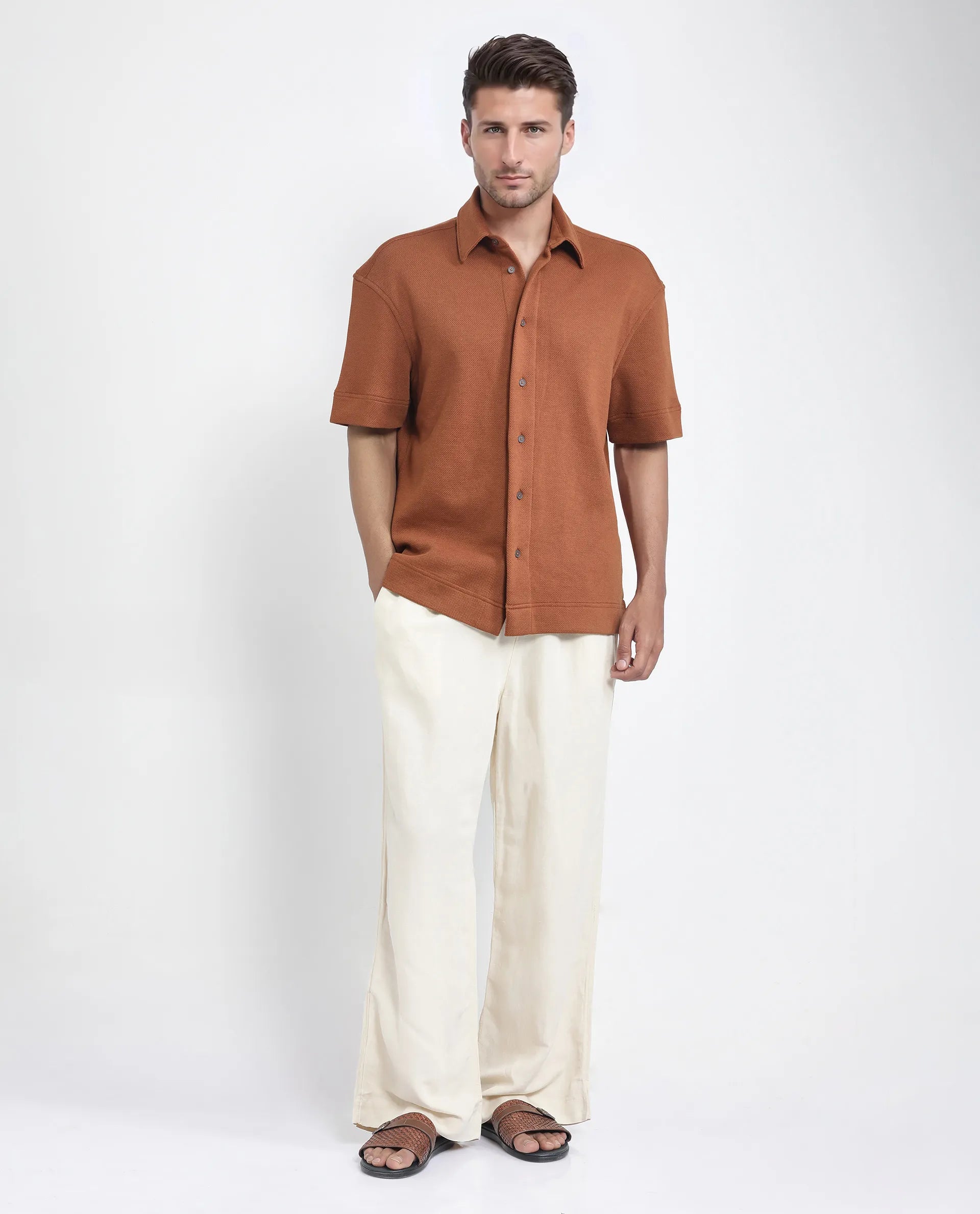 Rare Rabbit Men's Kash Rust Viscose Plain Boxy Fit Half Sleeve Collared Shirt