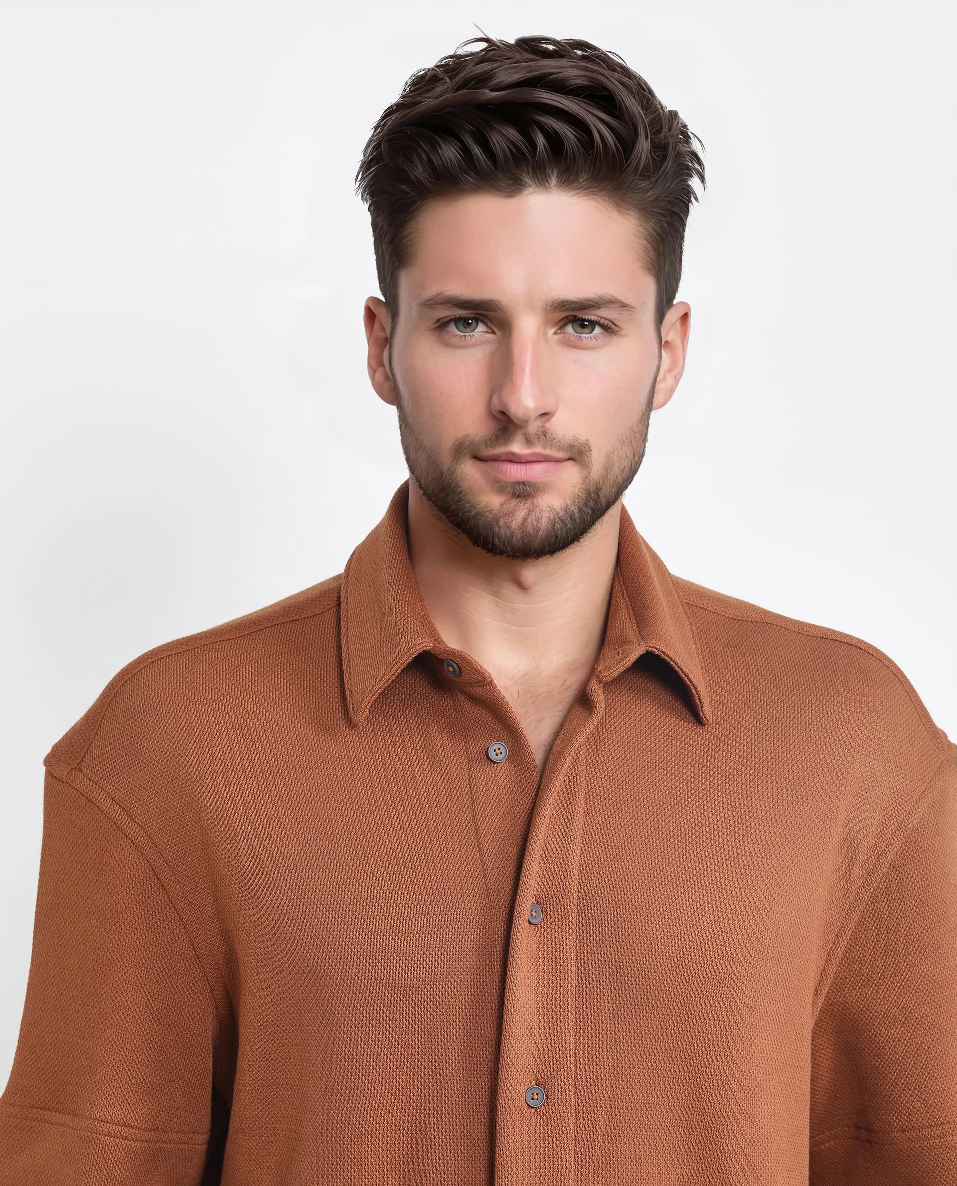 Rare Rabbit Men's Kash Rust Viscose Plain Boxy Fit Half Sleeve Collared Shirt