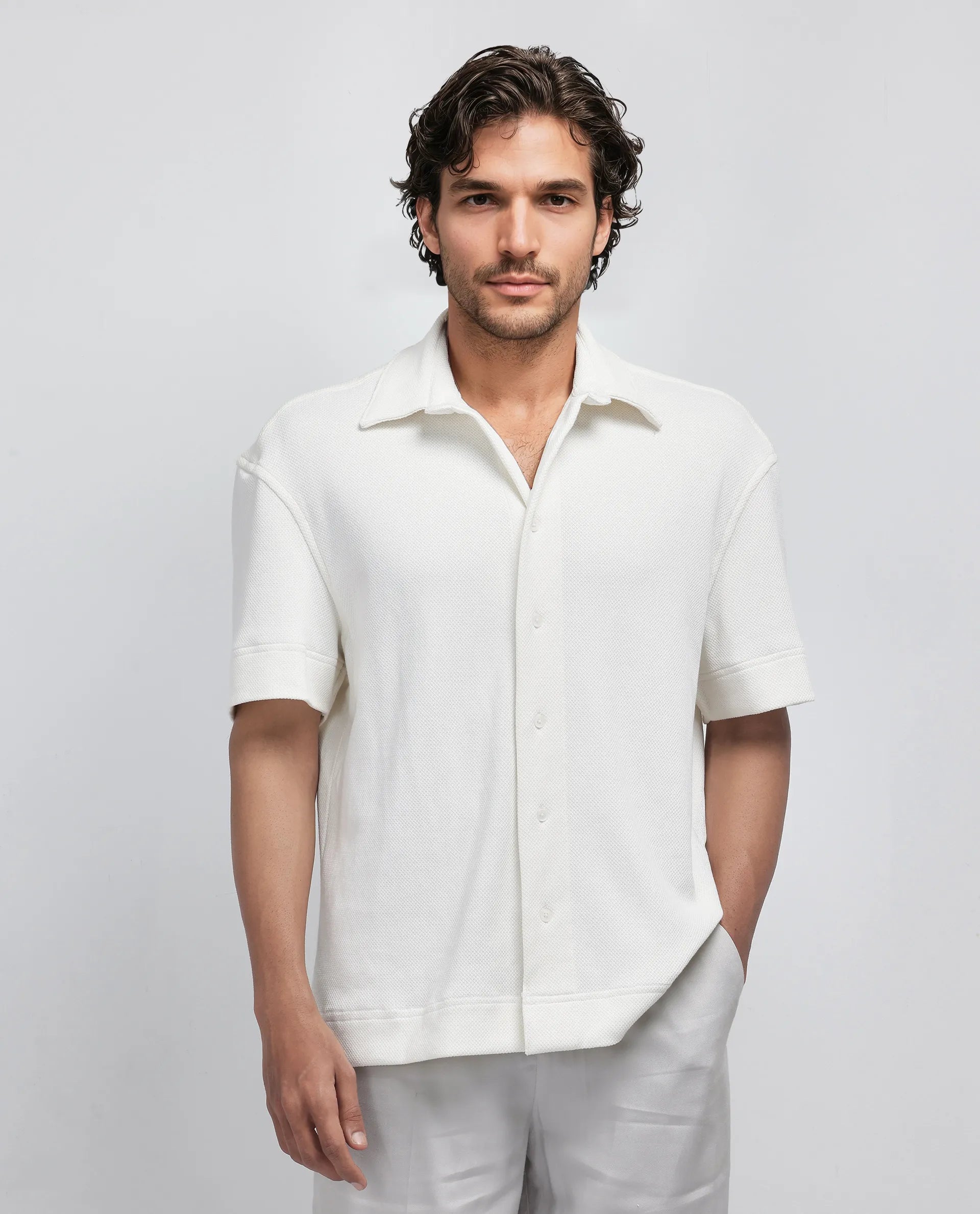 Rare Rabbit Men's Kash White Viscose Plain Boxy Fit Half Sleeve Collared Shirt