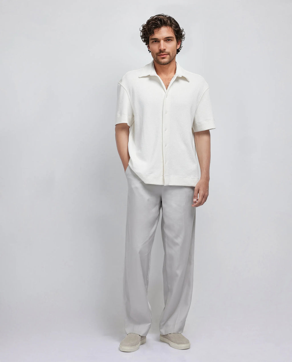 Rare Rabbit Men's Kash White Viscose Plain Boxy Fit Half Sleeve Collared Shirt