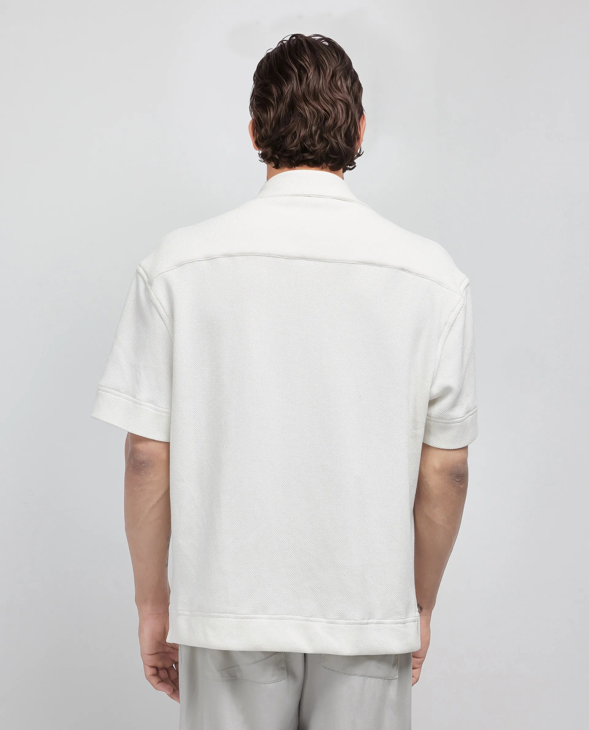 Rare Rabbit Men's Kash White Viscose Plain Boxy Fit Half Sleeve Collared Shirt