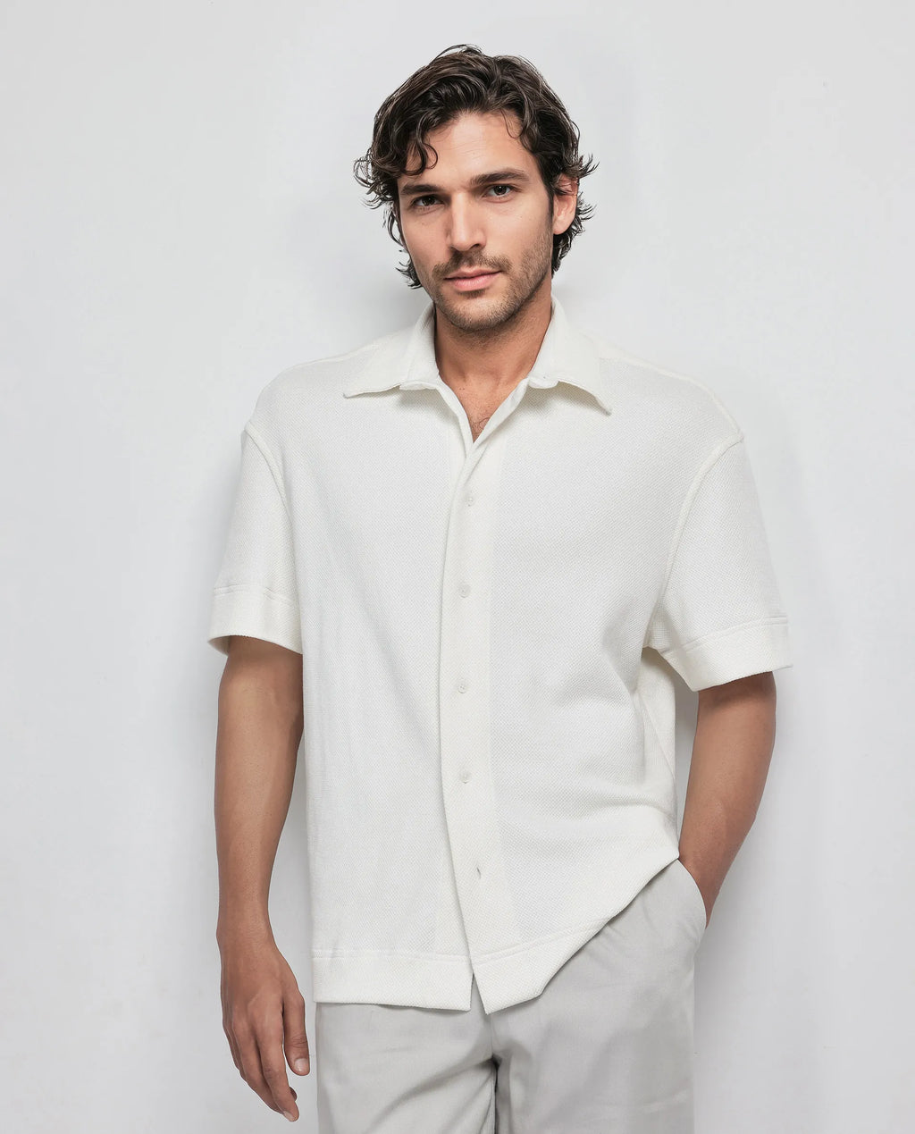 Rare Rabbit Men's Kash White Viscose Plain Boxy Fit Half Sleeve Collared Shirt