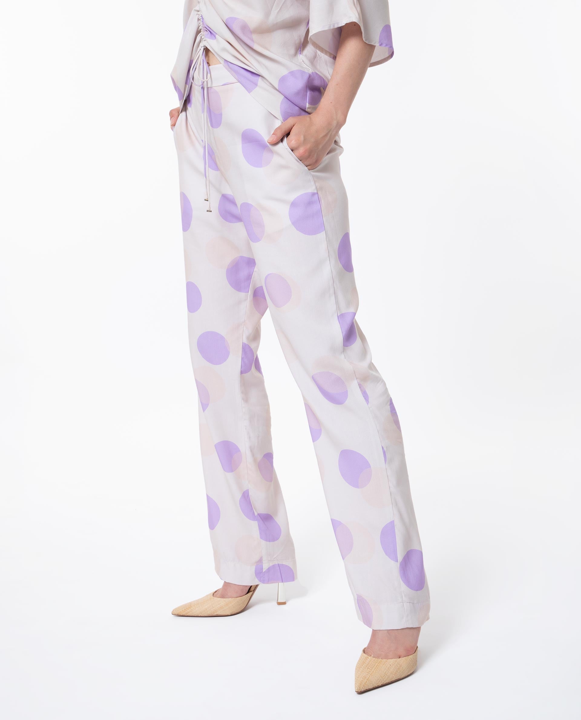Rareism Women's Kelly Beige Cotton Polka Print Regular Fit Trouser