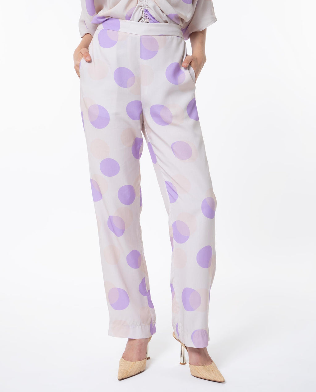 Rareism Women's Kelly Beige Cotton Polka Print Regular Fit Trouser