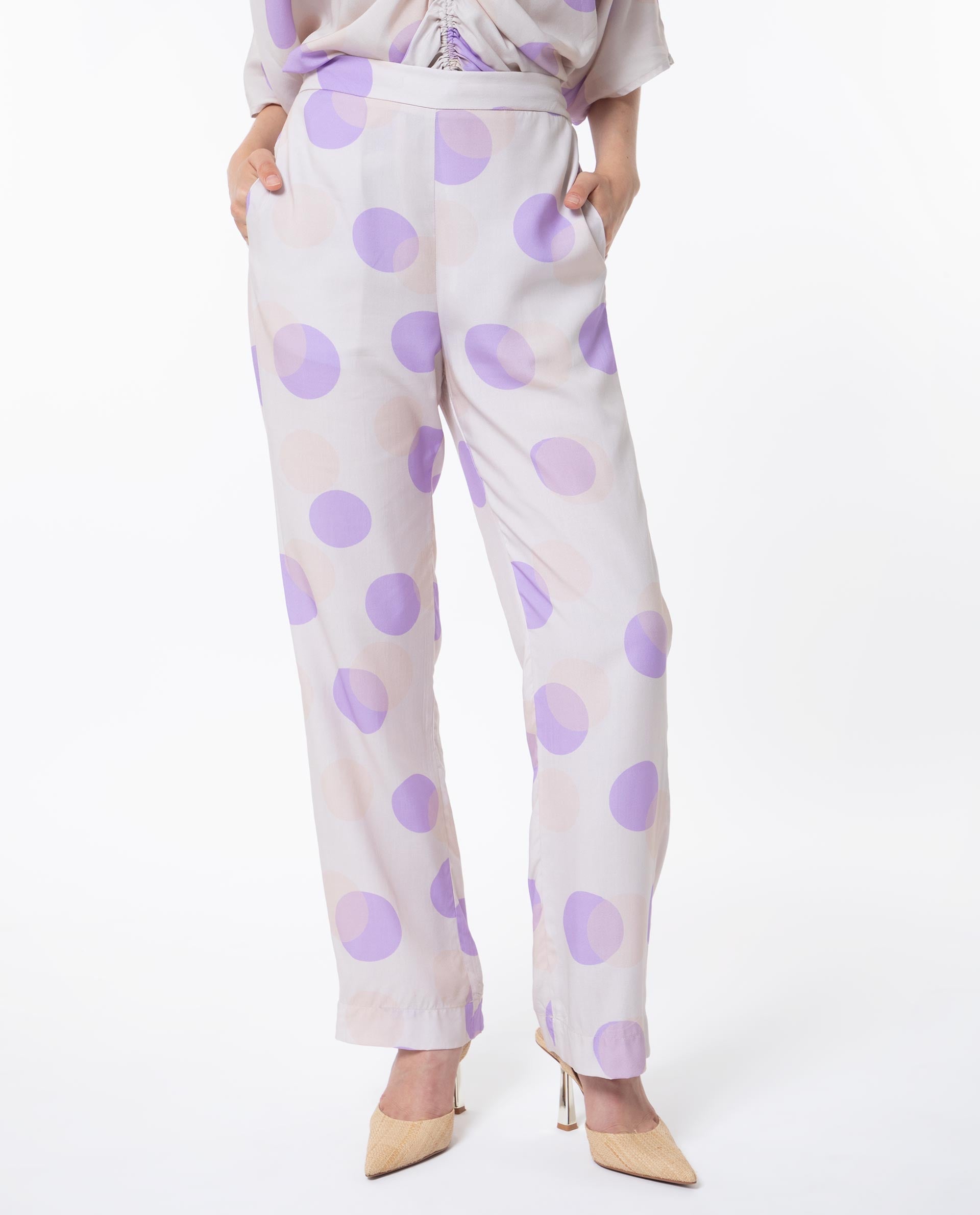 Rareism Women's Kelly Beige Cotton Polka Print Regular Fit Trouser
