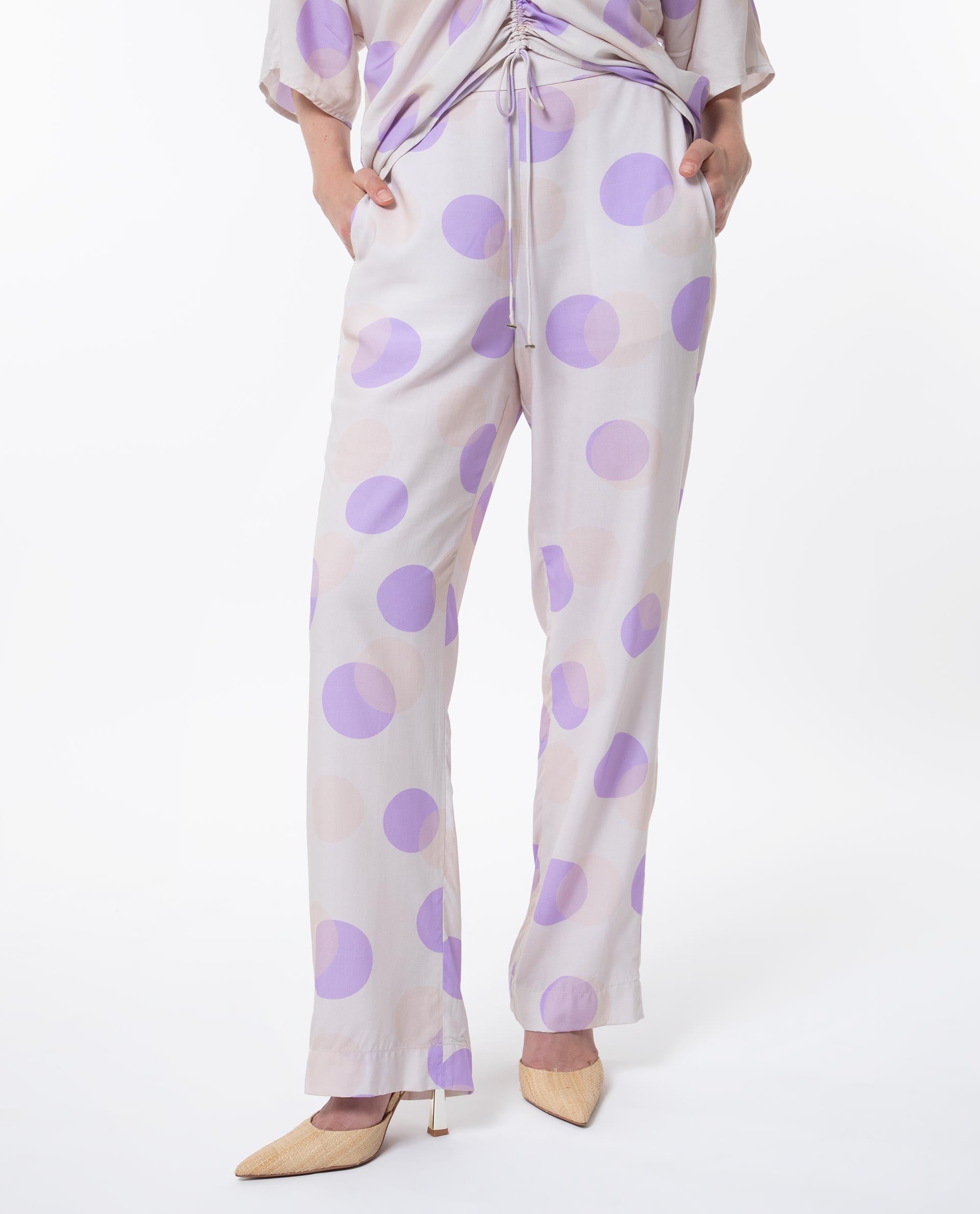 Rareism Women's Kelly Beige Cotton Polka Print Regular Fit Trouser
