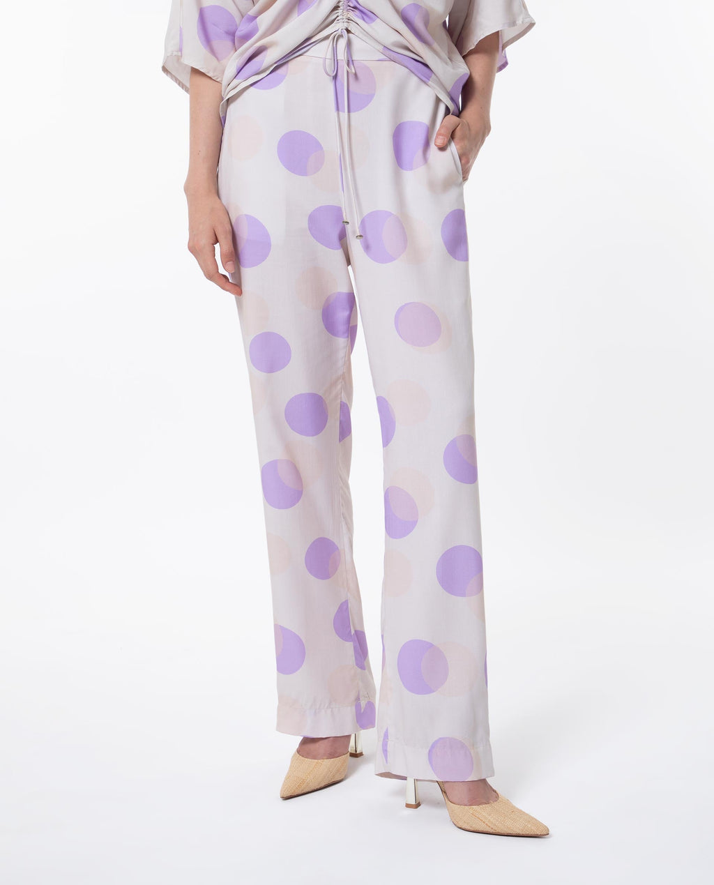 Rareism Women's Kelly Beige Cotton Polka Print Regular Fit Trouser