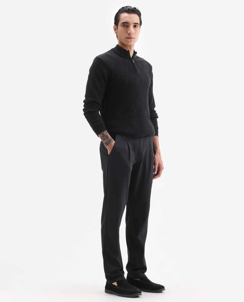 Rare Rabbit Men's Kelo Black Cotton Blend Plain Regular Fit Trouser
