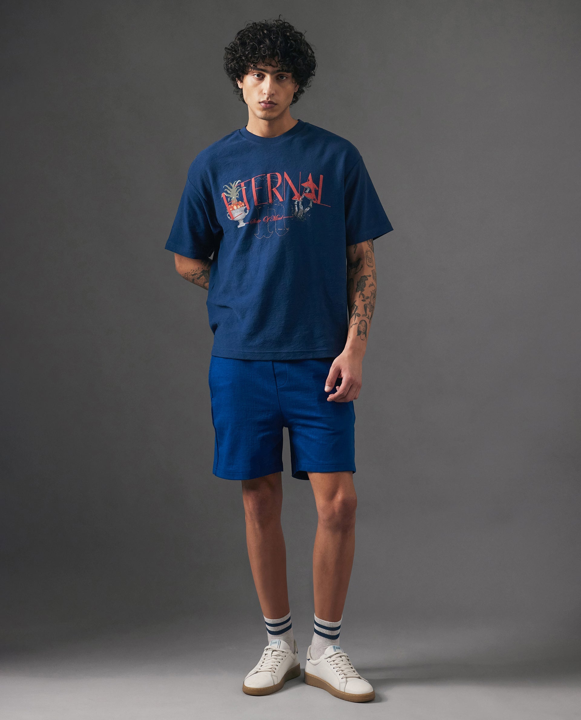 Rare Rabbit Men's Kelor Blue Cotton Blend Plain Regular Fit Shorts
