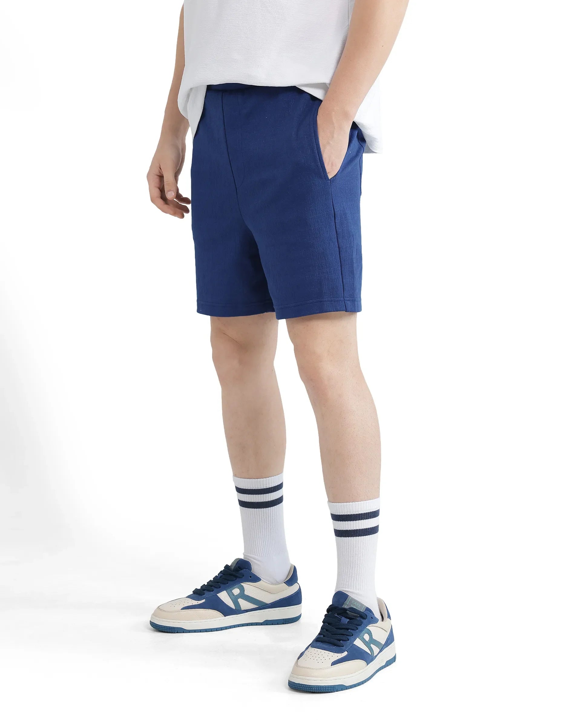 Rare Rabbit Men's Kelor Blue Cotton Blend Plain Regular Fit Shorts