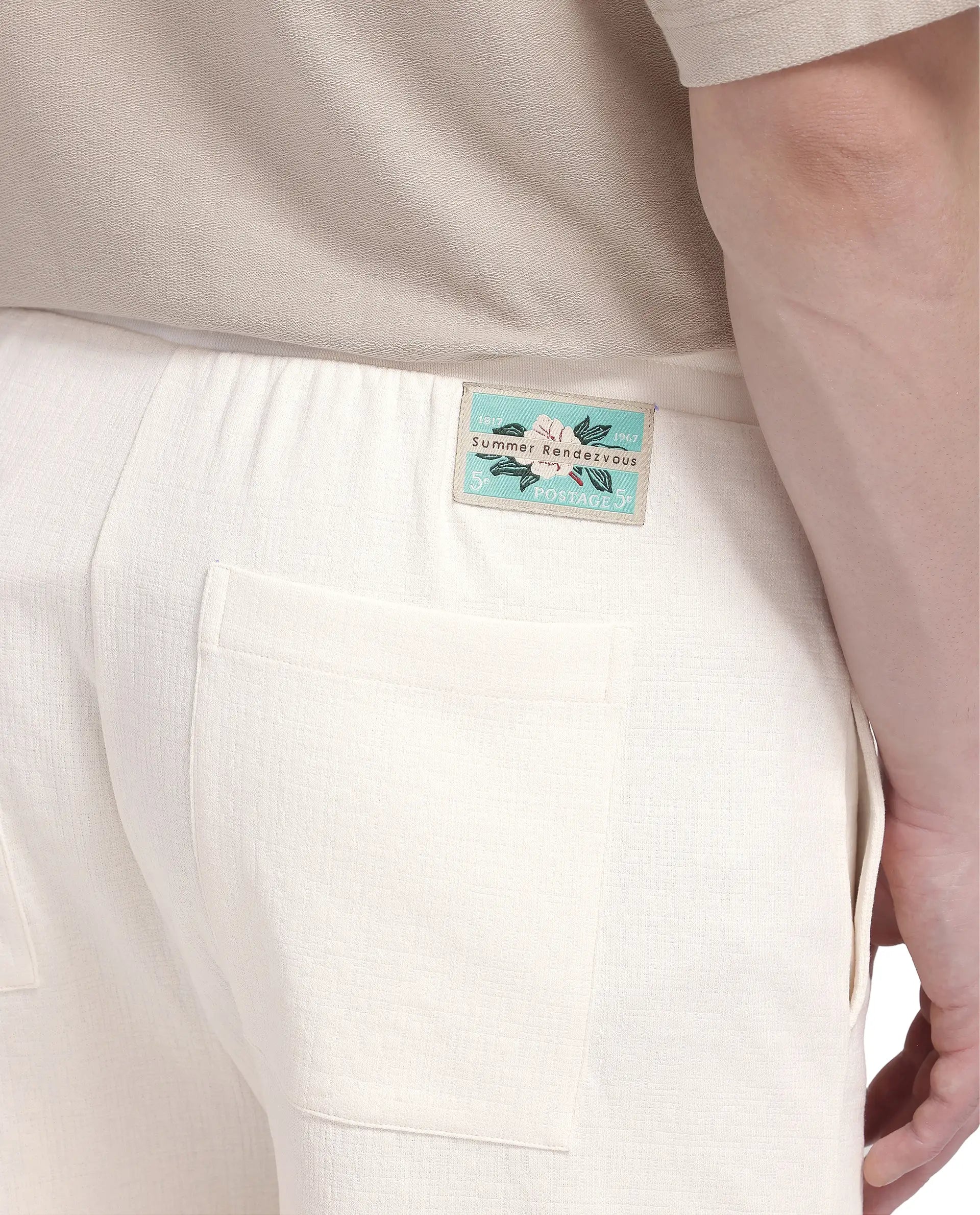 Rare Rabbit Men's Kelor Off White Cotton Blend Plain Regular Fit Shorts