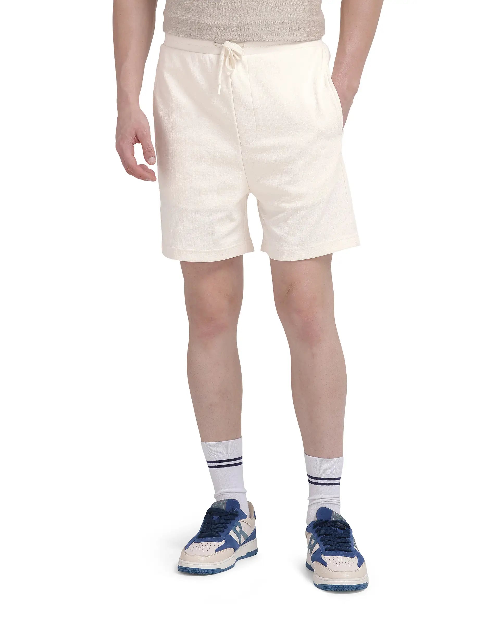 Rare Rabbit Men's Kelor Off White Cotton Blend Plain Regular Fit Shorts