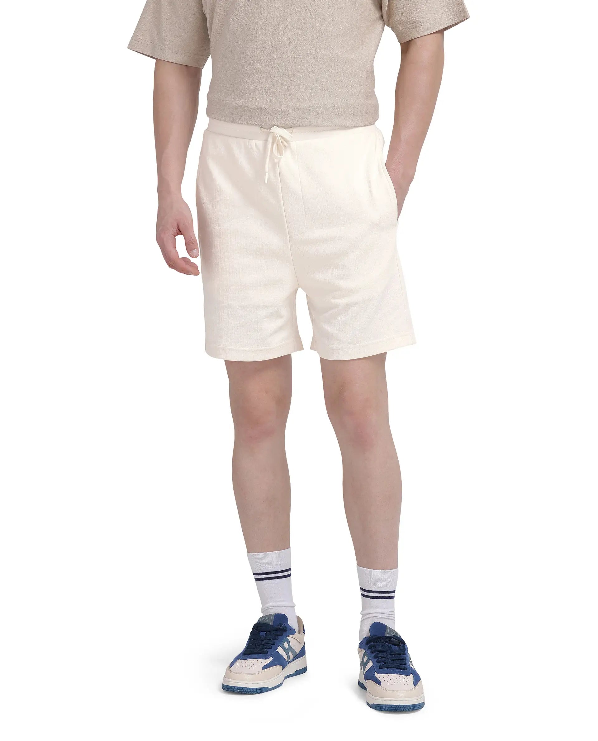 Rare Rabbit Men's Kelor Off White Cotton Blend Plain Regular Fit Shorts