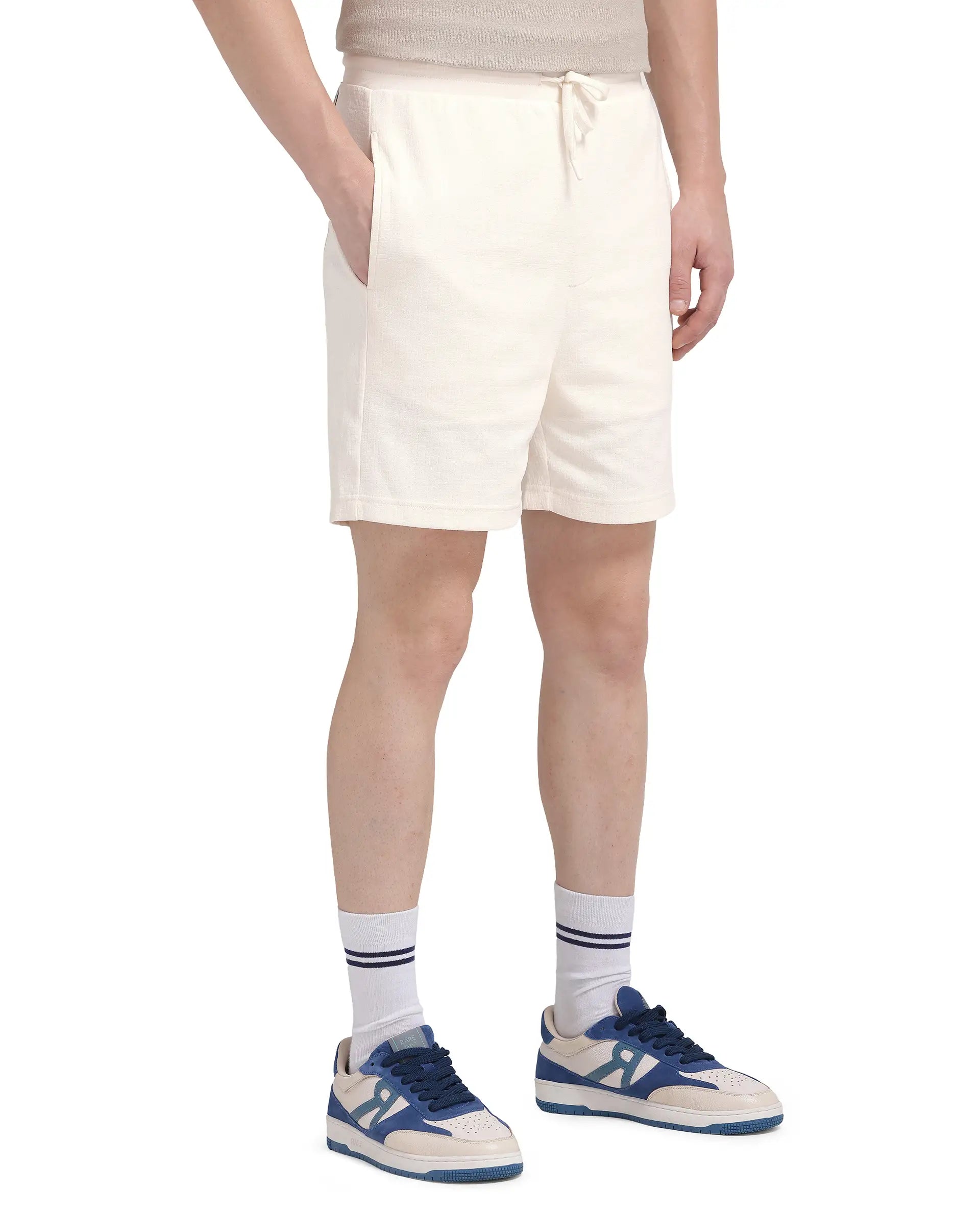 Rare Rabbit Men's Kelor Off White Cotton Blend Plain Regular Fit Shorts