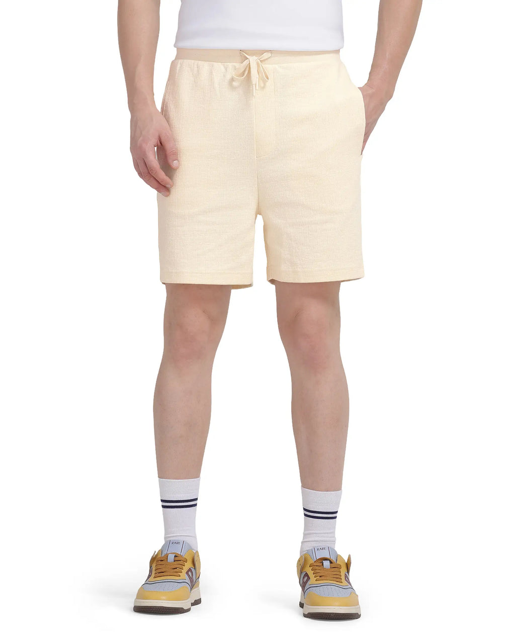 Rare Rabbit Men's Kelor Pastel Yellow Cotton Blend Plain Regular Fit Shorts