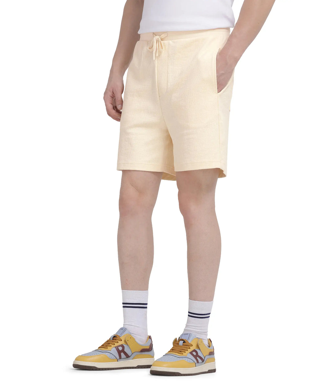 Rare Rabbit Men's Kelor Pastel Yellow Cotton Blend Plain Regular Fit Shorts