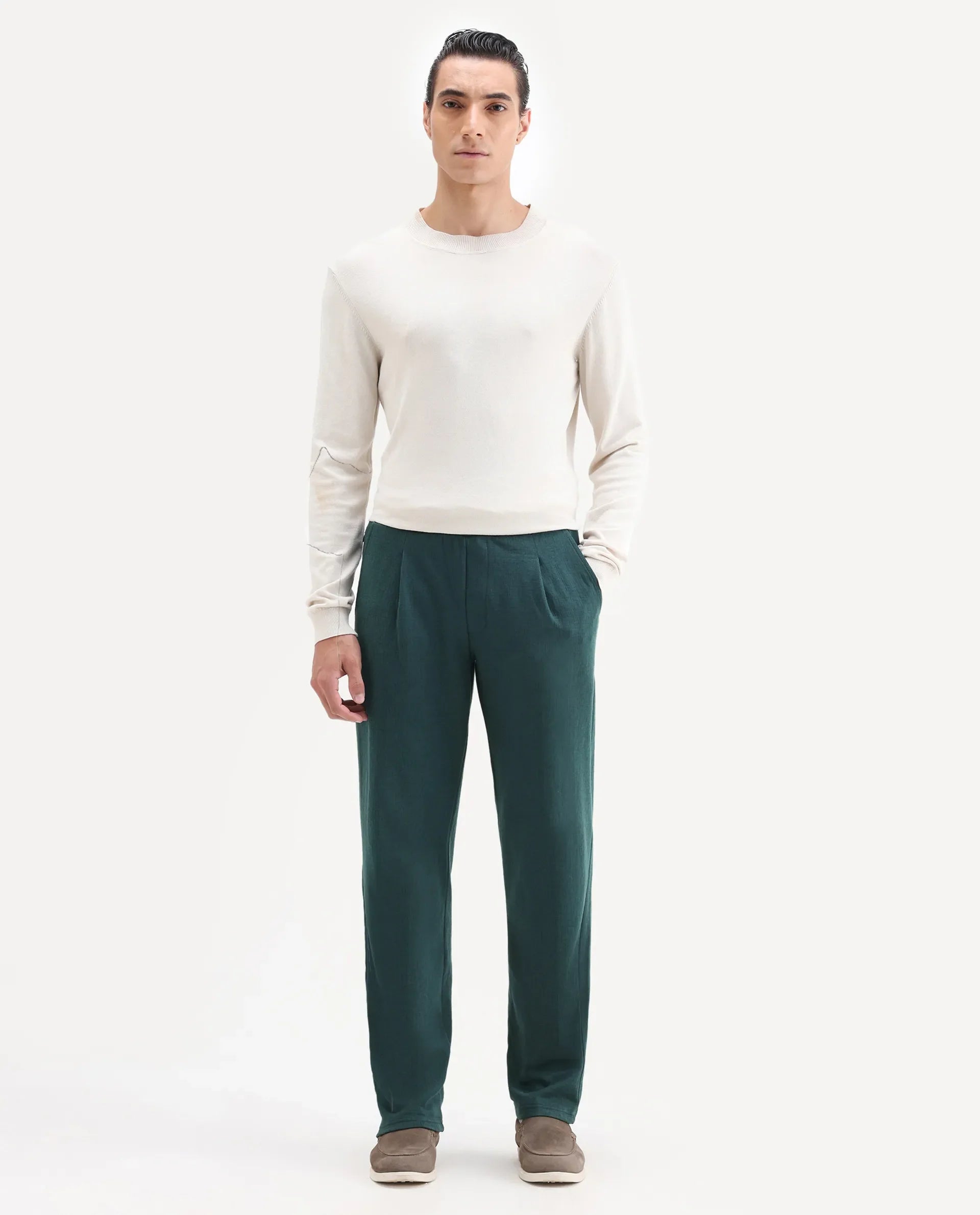 Rare Rabbit Men's Kelo Teal Cotton Blend Plain Regular Fit Trouser