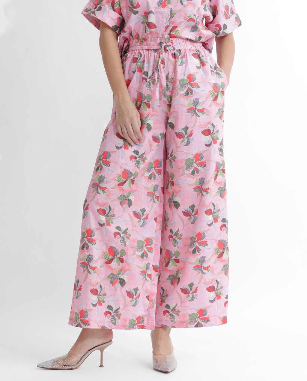 Rareism Women's Kentoy-B Light Pink Cotton Floral Print Ankle Length Flared Trouser