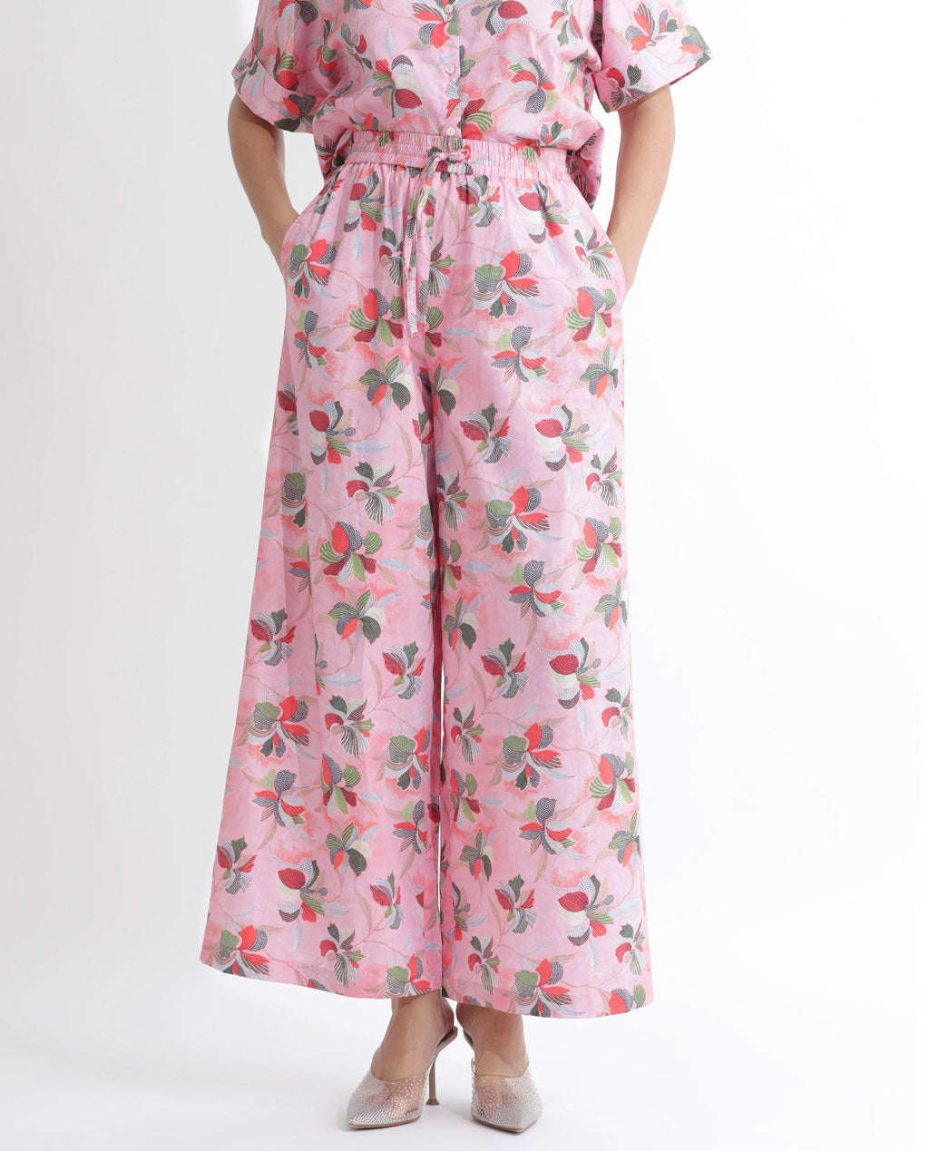 Rareism Women's Kentoy-B Light Pink Cotton Floral Print Ankle Length Flared Trouser