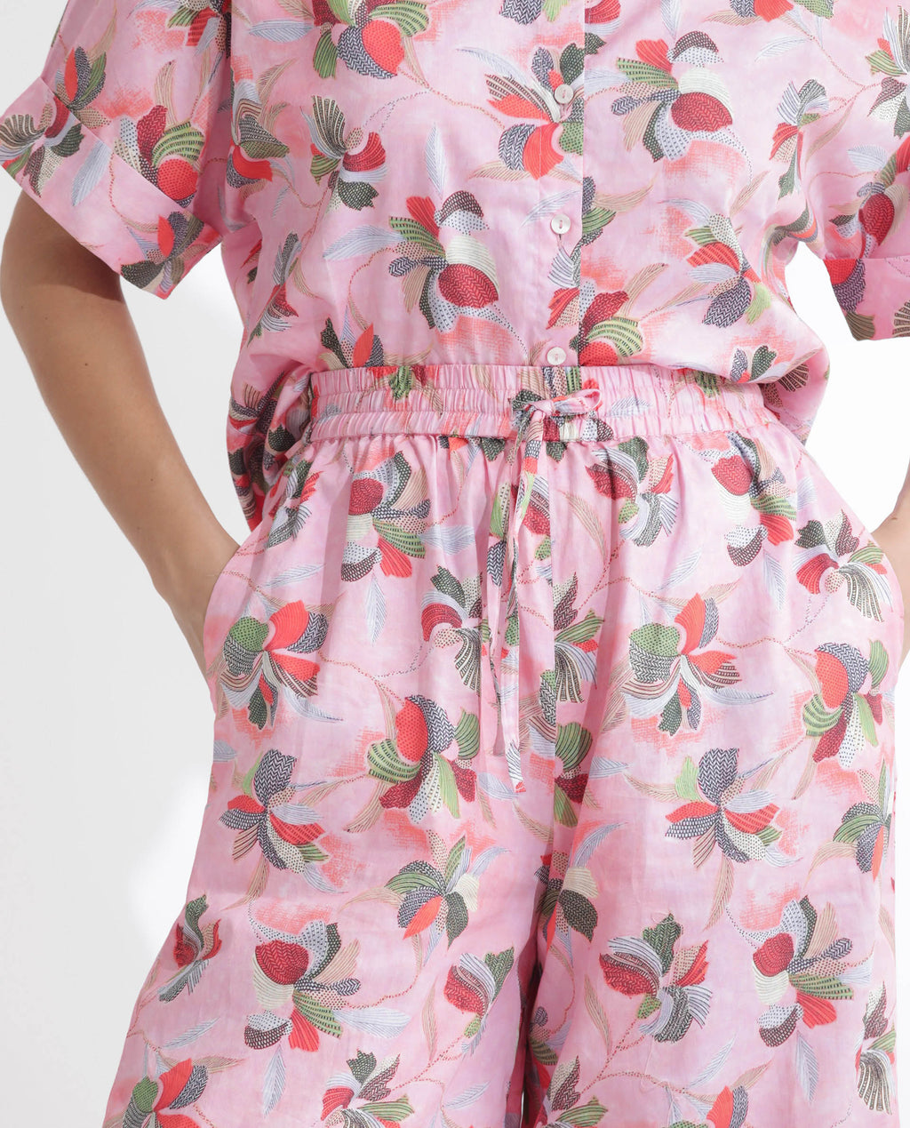 Rareism Women's Kentoy-B Light Pink Cotton Floral Print Ankle Length Flared Trouser