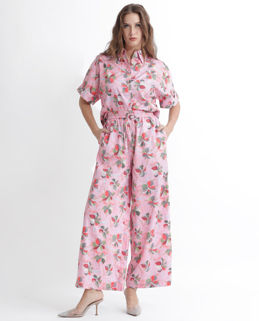 Rareism Women's Kentoy-B Light Pink Cotton Floral Print Ankle Length Flared Trouser