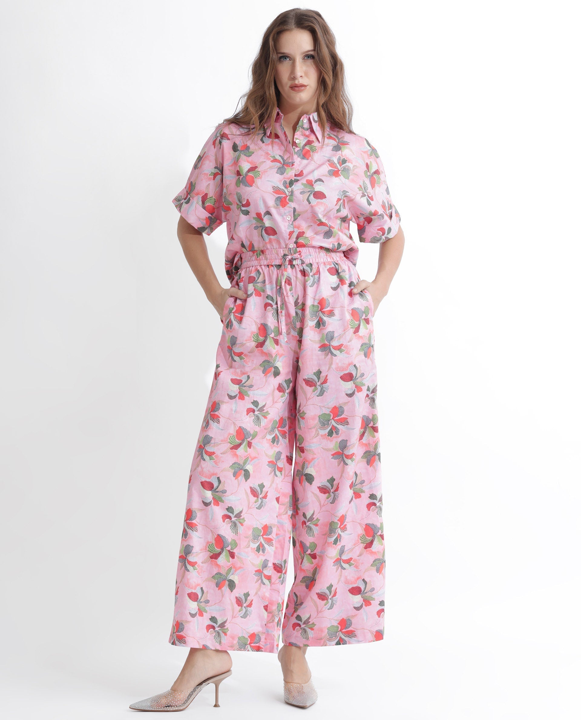 Rareism Women's Kentoy-B Light Pink Cotton Floral Print Ankle Length Flared Trouser