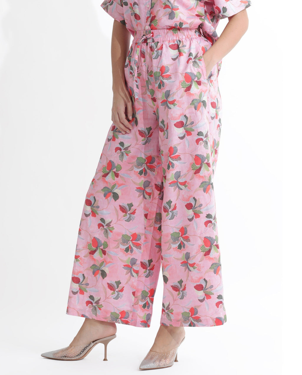 Rareism Women's Kentoy-B Light Pink Cotton Floral Print Ankle Length Flared Trouser