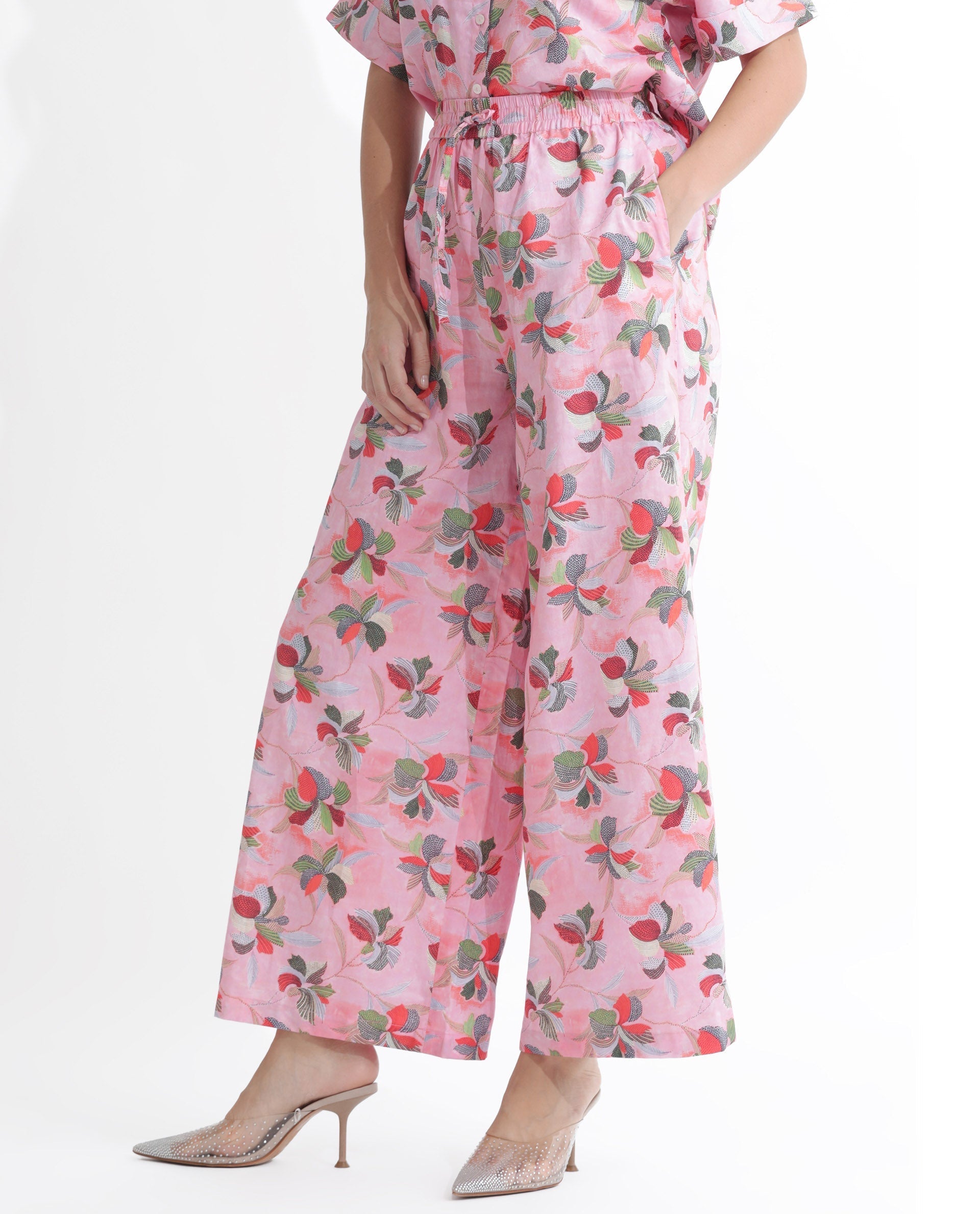 Rareism Women's Kentoy-B Light Pink Cotton Floral Print Ankle Length Flared Trouser
