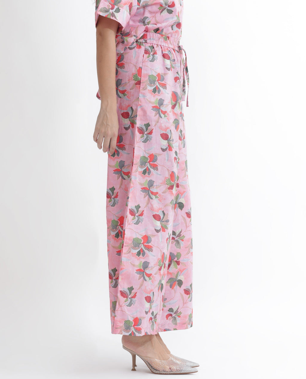 Rareism Women's Kentoy-B Light Pink Cotton Floral Print Ankle Length Flared Trouser