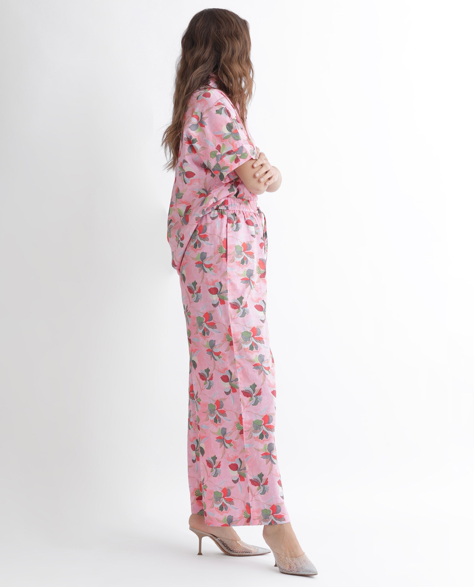 Rareism Women's Kentoy-B Light Pink Cotton Floral Print Ankle Length Flared Trouser