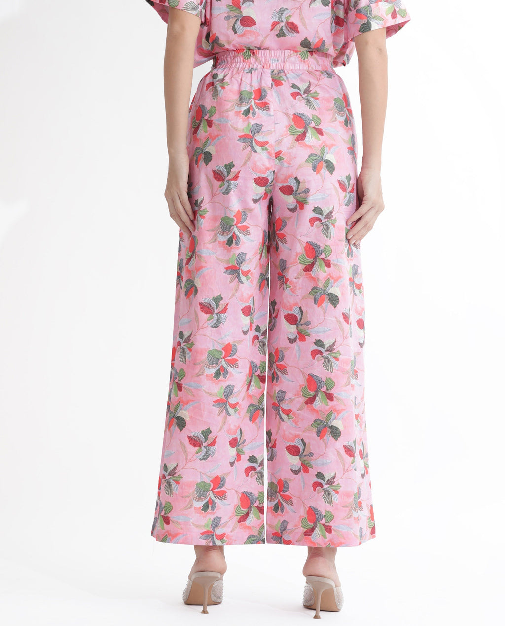 Rareism Women's Kentoy-B Light Pink Cotton Floral Print Ankle Length Flared Trouser