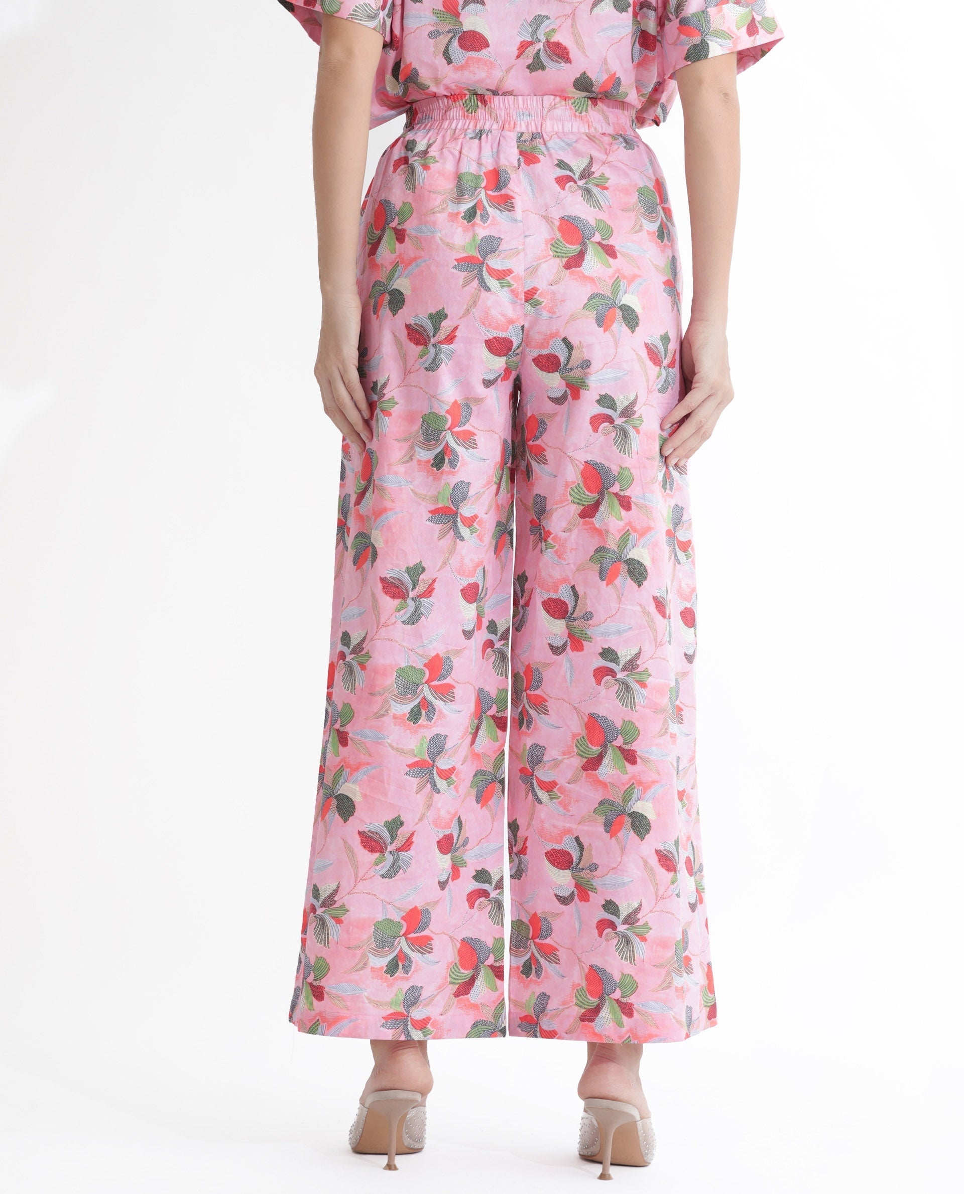Rareism Women's Kentoy-B Light Pink Cotton Floral Print Ankle Length Flared Trouser