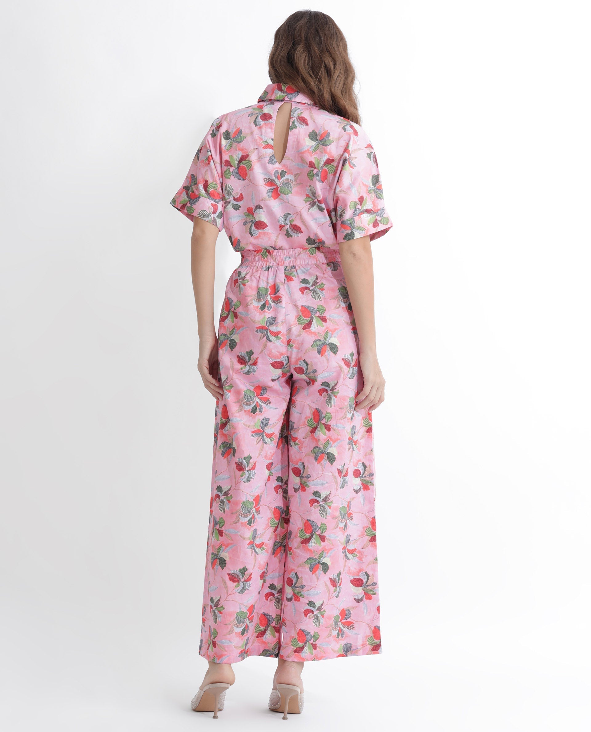 Rareism Women's Kentoy-B Light Pink Cotton Floral Print Ankle Length Flared Trouser