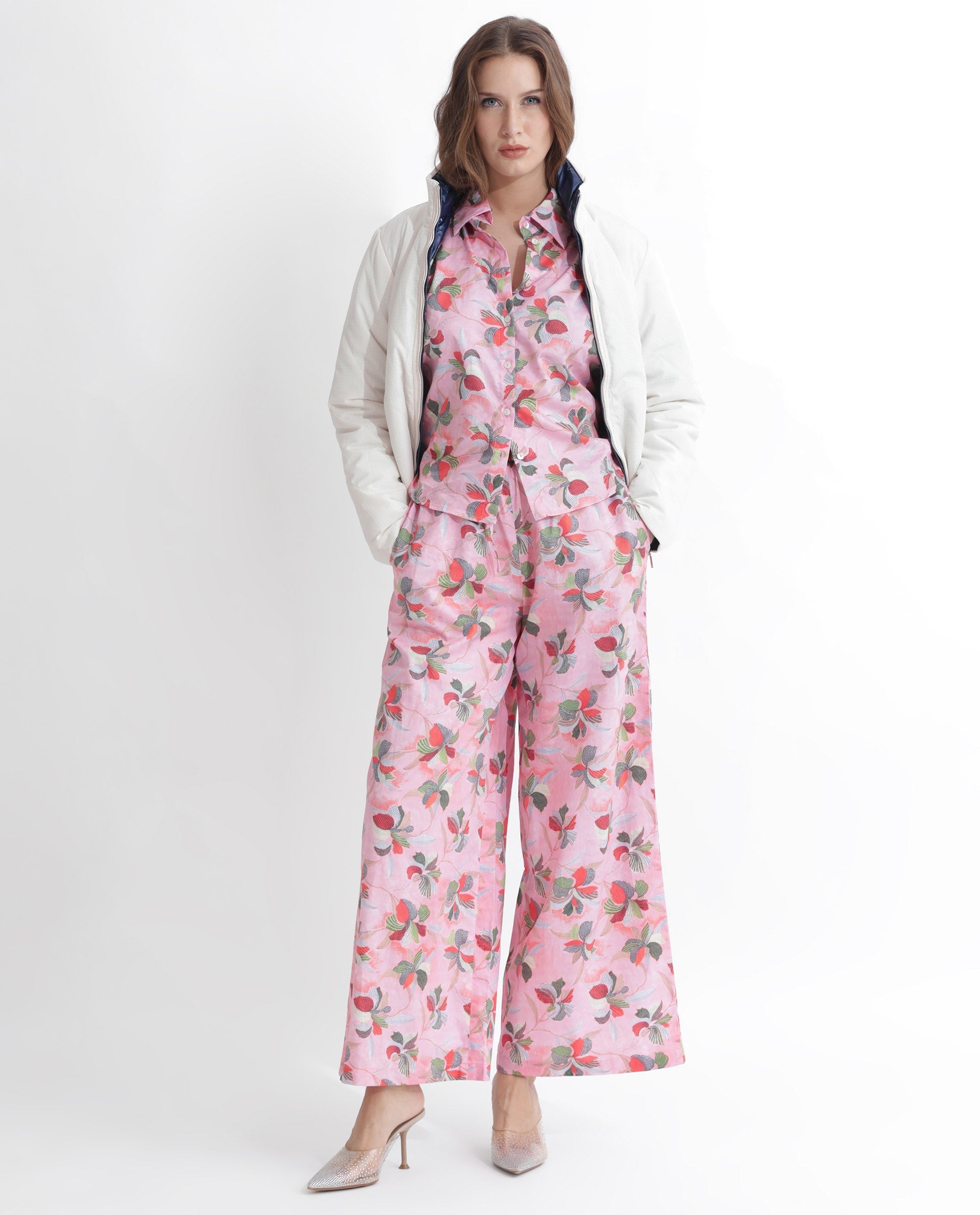 Rareism Women's Kentoy-B Light Pink Cotton Floral Print Ankle Length Flared Trouser